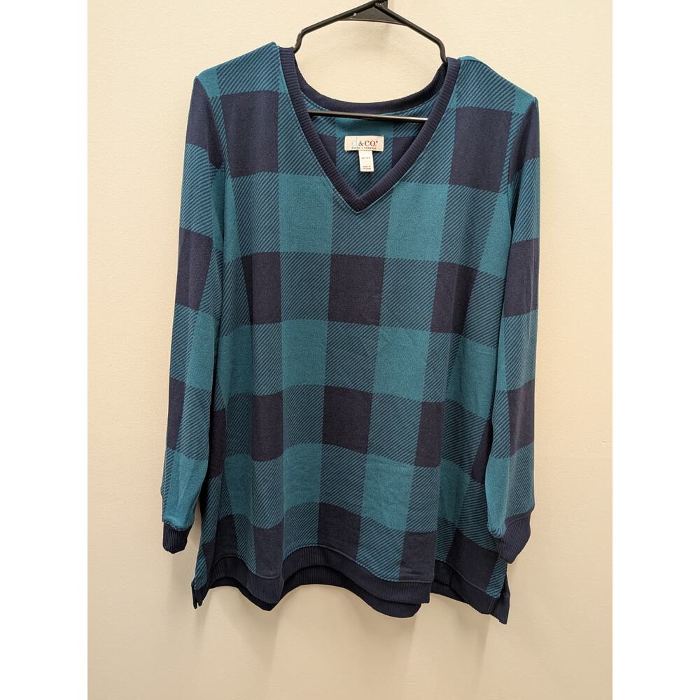 d&co Buffalo Plaid Tunic Sweater Blue V Neck Long Sleeve Women’s XLP